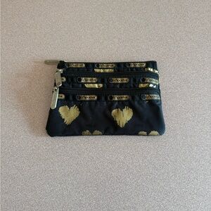 LeSportsac Three Compartment Black Pouch with Gold Hearts